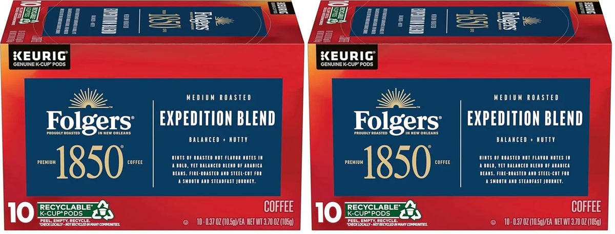 1850 by Folgers Pioneer Blend Medium Roast Coffee, 10 Keurig K-Cup Pods (Pack of 2)