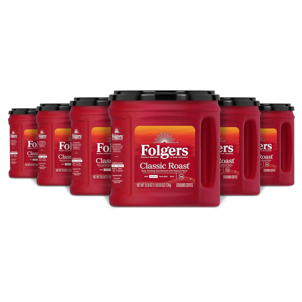 Folgers Classic Roast Ground Coffee, Medium Roast, 25.9 Oz. Canister (Pack of 6)
