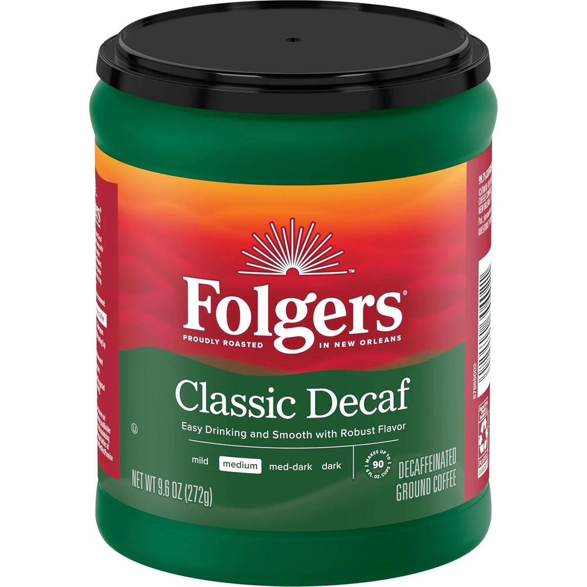 Folgers Decaf Coffee, Ground Coffee, Classic Medium Roast, 9.6 Ounce Canister